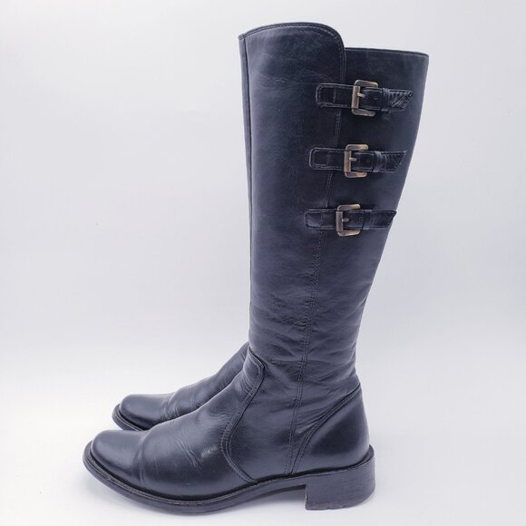 PAUL GREEN Tall Boots Knee-High Riding Black Leather Buckled Size 7 Block Heel - Picture 5 of 10